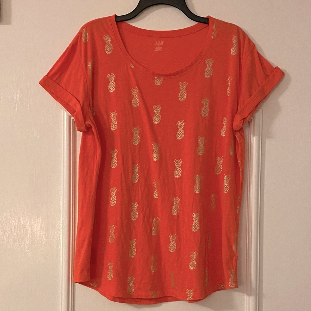 A.N.A Orange Tee with Gold Pineapple Print.